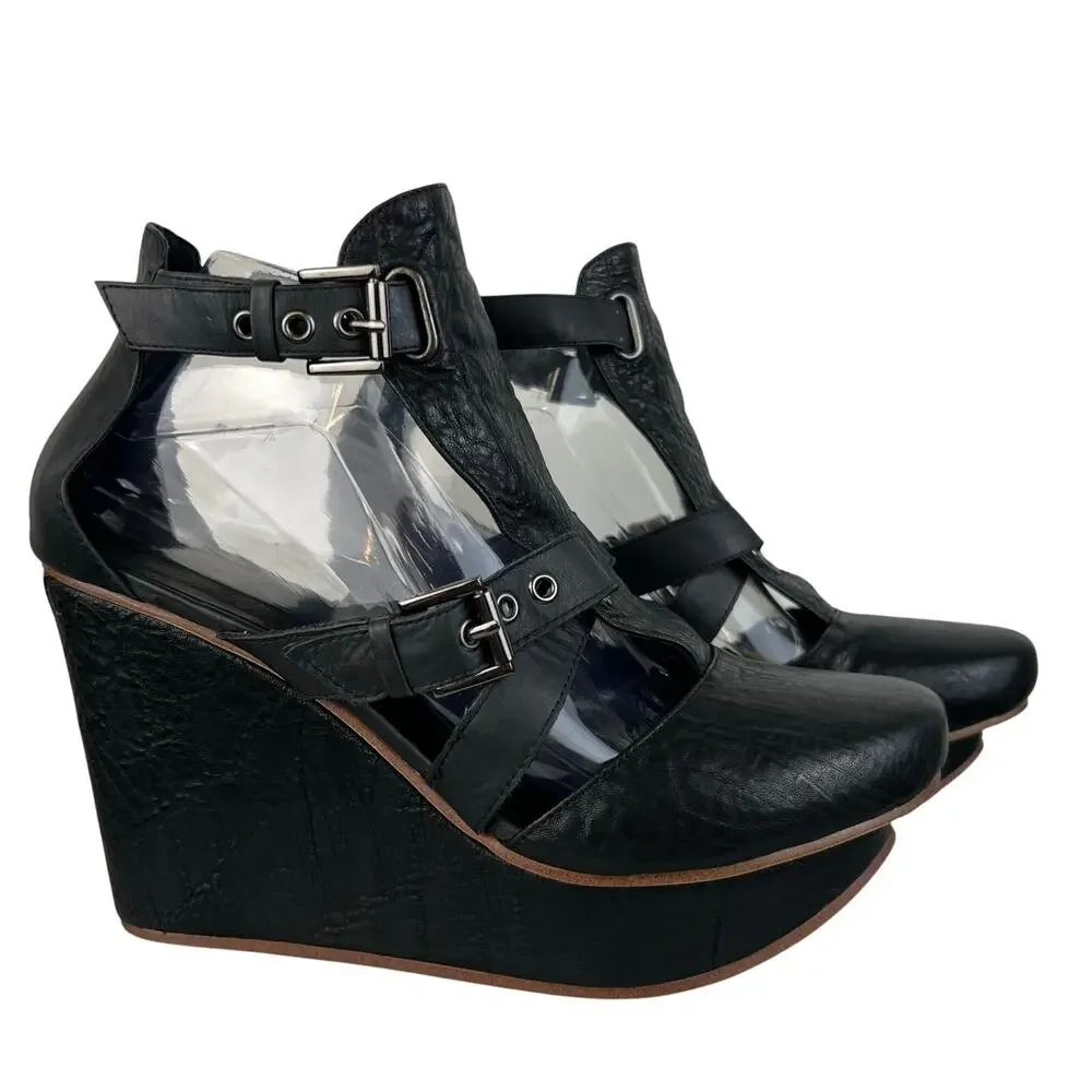 January, 6th Black Leather Buckle Platform Wedges Grunge Gothic Edgy (Sz 10)